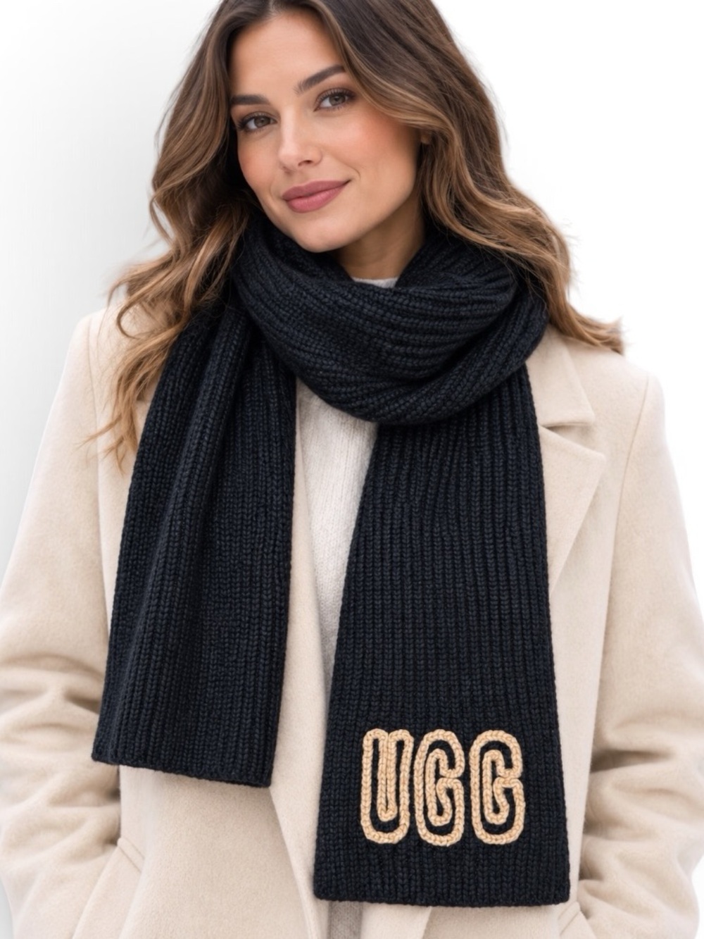 UGG Chunky Crafted Rib Logo Scarf Black Tan 78” NWOT